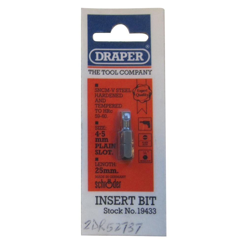 Draper Screwdriver Bit, 4.5mm Slot - 1/4" Hex
